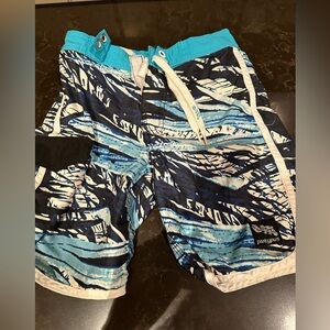 PLATYPUS Boys Size 10 White Black & Blue Patterned Swim Trunks